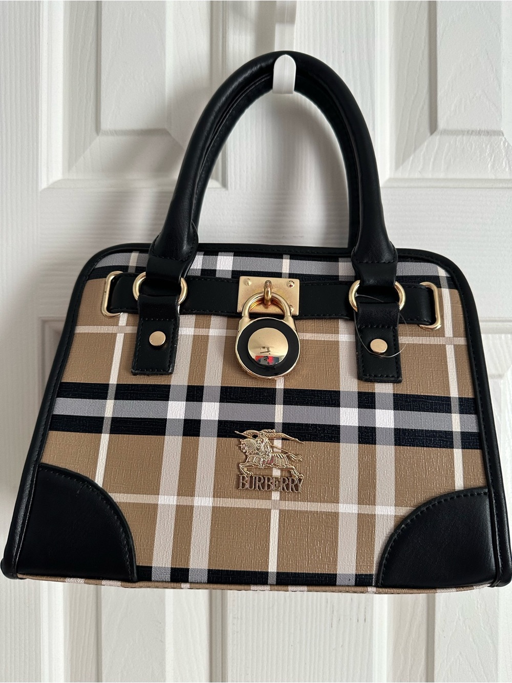 Burberry Beige Plaid Satchel with Black Trim and Gold Hardware - Picture 2 of 9